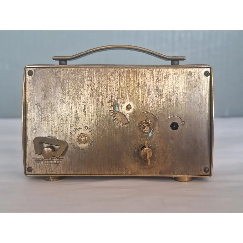 Vintage Semca Swiss 7 Jewel Brass Suitcase Style Musical Alarm Clock MCM Working